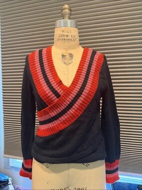 C/MEO Collective Black V-Neck Sweater with Red and Pink Stripe Trim